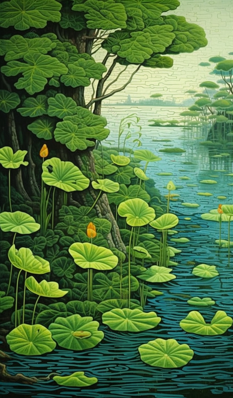 优美的绿色池塘里的荷叶荷花插画,插画/手绘图,插画/手绘图库,插画/手绘图下载,插画/手绘